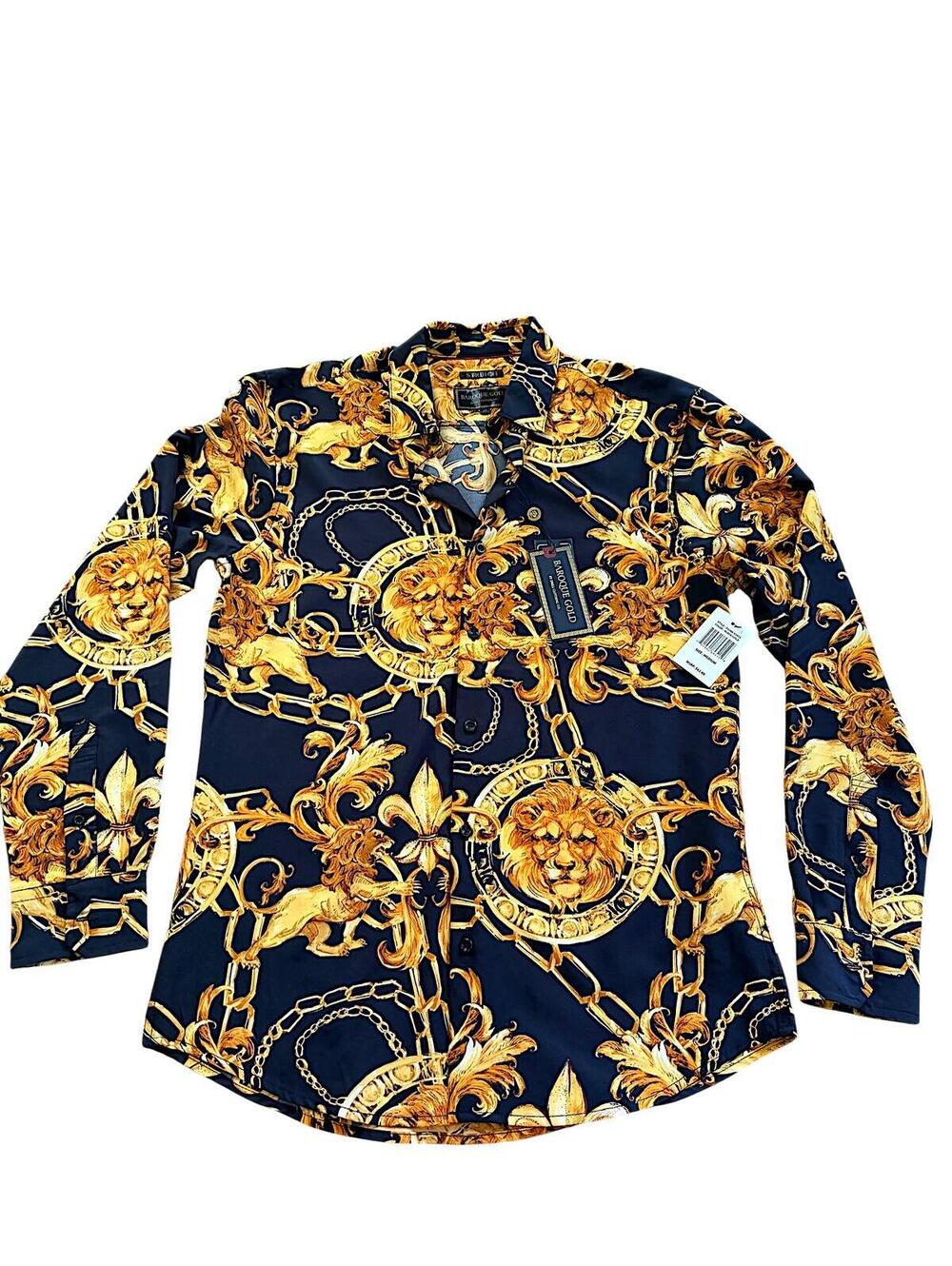 Baroque Gold Italian Designer Style Shirt Royal Lion Head Size M